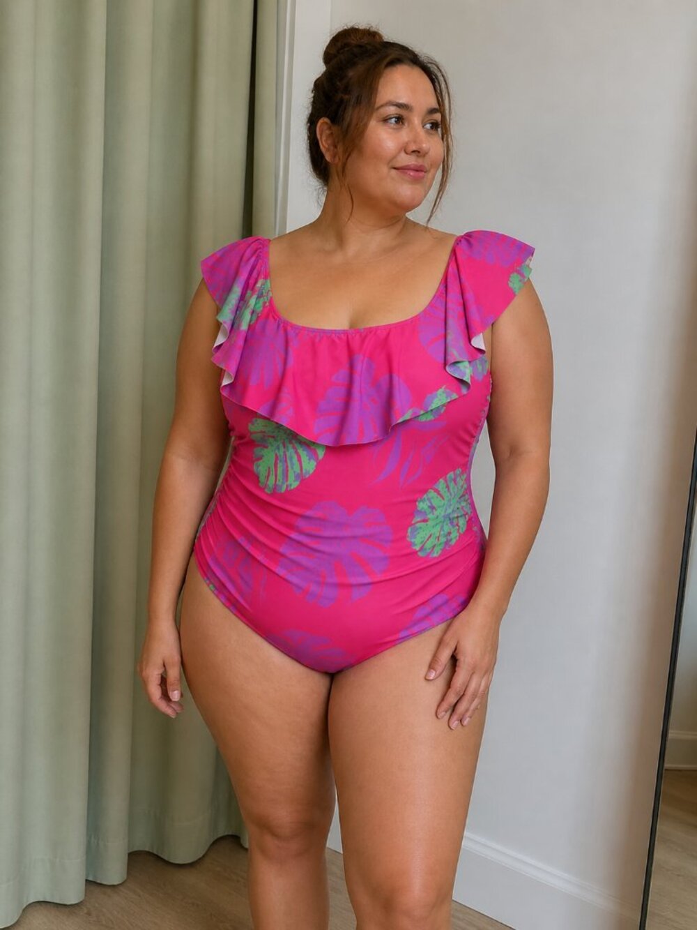 Coral Swimwear Pink Tropical One Piece Ruffle XL 14 Floral Swimsuit NEW